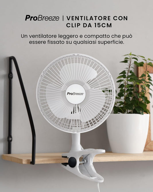 Pro Breeze Mini Ventilatore Professionale con Clip I Piccolo Ventilatore Elettrico con Funzionamento Ultra-Silenzioso e 2 Impostazioni di Velocità I 15W. Per Casa, Letto, Ufficio e Scrivania