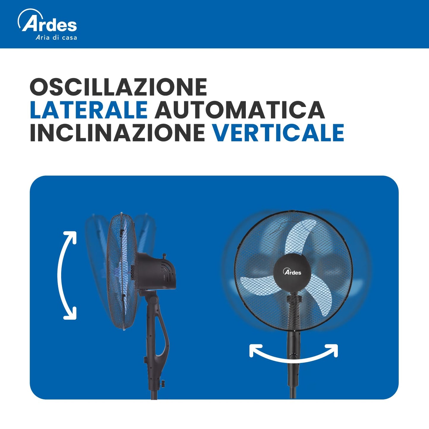 Ardes EASY 41PB PLUS Ventilatore da Pavimento 50W 40 cm con Oscillazione Automatica, Altezza Regolabile fino a 130 cm, Inclinazione Regolabile, 3 Velocità Silenziose e 3 Pale