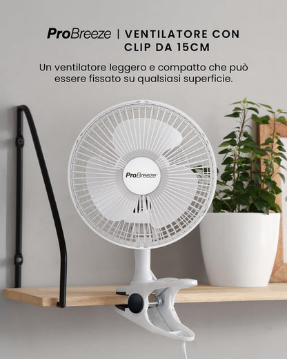 Pro Breeze Mini Ventilatore Professionale con Clip I Piccolo Ventilatore Elettrico con Funzionamento Ultra-Silenzioso e 2 Impostazioni di Velocità I 15W. Per Casa, Letto, Ufficio e Scrivania