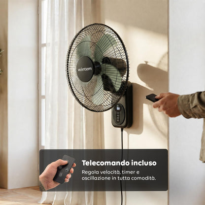 Wintem Ventilatore da Parete 40cm, Ventilatore con Telecomando e Timer 9h, 8 Velocità, Oscillazione 120°, Inclinazione 30°, Griglia Metallica, Silenzioso, Nero