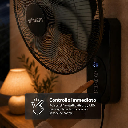 Wintem Ventilatore da Parete 40cm, Ventilatore con Telecomando e Timer 9h, 8 Velocità, Oscillazione 120°, Inclinazione 30°, Griglia Metallica, Silenzioso, Nero
