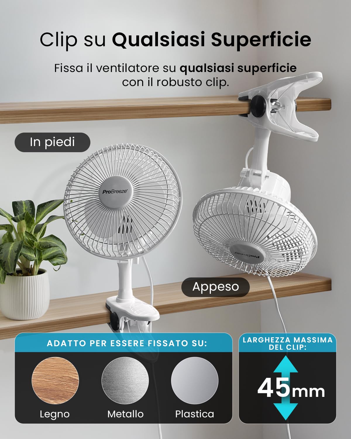 Pro Breeze Mini Ventilatore Professionale con Clip I Piccolo Ventilatore Elettrico con Funzionamento Ultra-Silenzioso e 2 Impostazioni di Velocità I 15W. Per Casa, Letto, Ufficio e Scrivania