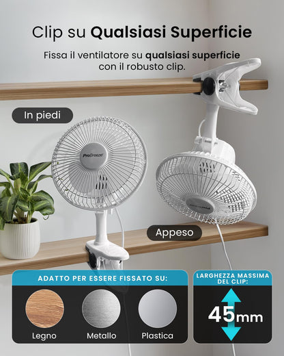 Pro Breeze Mini Ventilatore Professionale con Clip I Piccolo Ventilatore Elettrico con Funzionamento Ultra-Silenzioso e 2 Impostazioni di Velocità I 15W. Per Casa, Letto, Ufficio e Scrivania