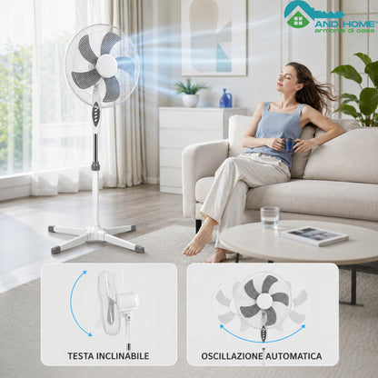 Ventilatore a Piantana Ø 40 cm BIANCO - FACILE MONTAGGIO - 50 W - 3 Velocità - STABILE e SILENZIOSO - Oscillazione Orizzontale - Altezza Regolabile 103-130 cm - Testa Inclinabile - Base a Croce