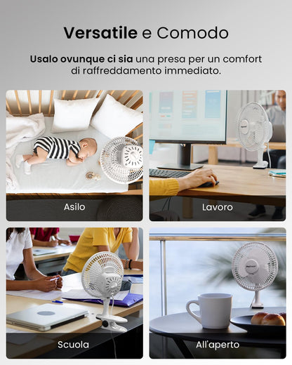 Pro Breeze Mini Ventilatore Professionale con Clip I Piccolo Ventilatore Elettrico con Funzionamento Ultra-Silenzioso e 2 Impostazioni di Velocità I 15W. Per Casa, Letto, Ufficio e Scrivania