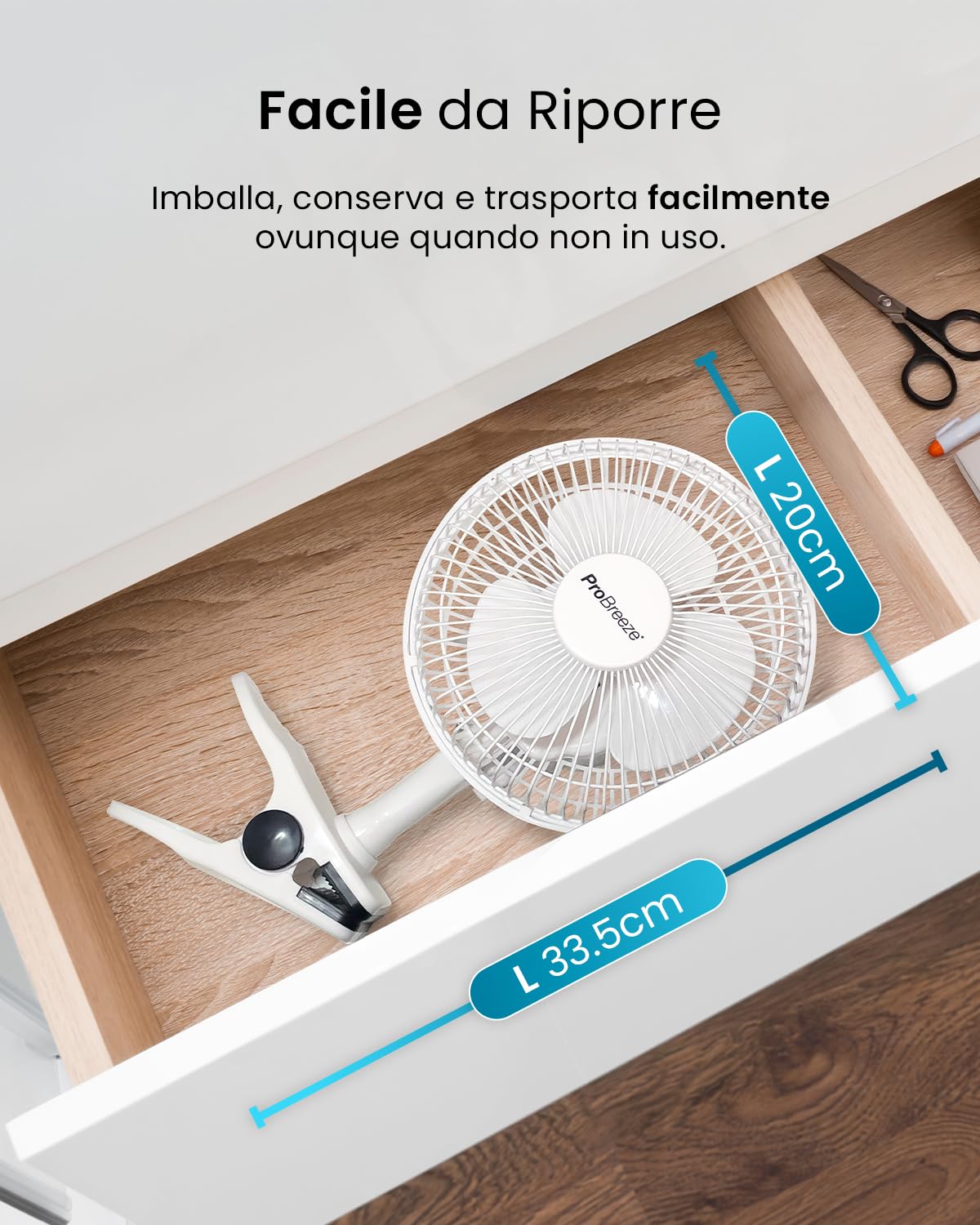 Pro Breeze Mini Ventilatore Professionale con Clip I Piccolo Ventilatore Elettrico con Funzionamento Ultra-Silenzioso e 2 Impostazioni di Velocità I 15W. Per Casa, Letto, Ufficio e Scrivania