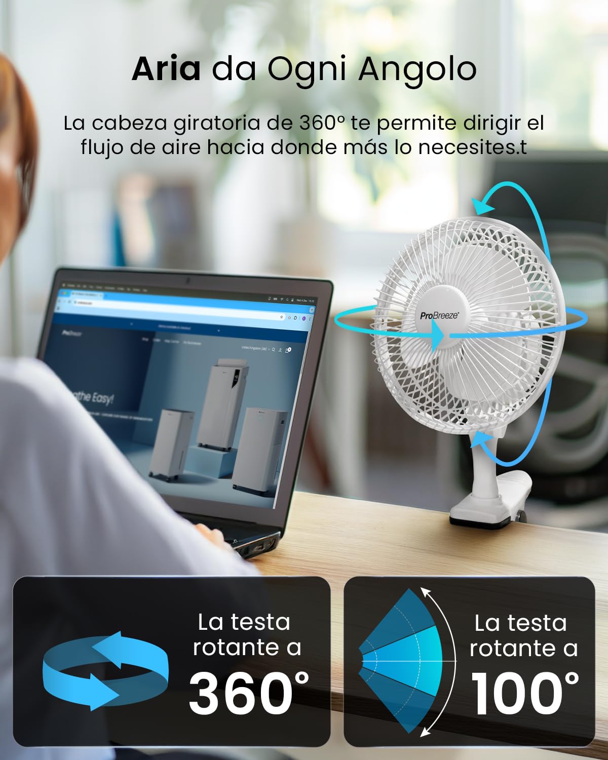 Pro Breeze Mini Ventilatore Professionale con Clip I Piccolo Ventilatore Elettrico con Funzionamento Ultra-Silenzioso e 2 Impostazioni di Velocità I 15W. Per Casa, Letto, Ufficio e Scrivania