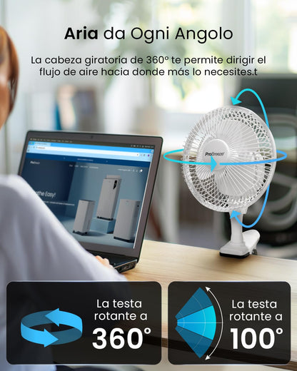 Pro Breeze Mini Ventilatore Professionale con Clip I Piccolo Ventilatore Elettrico con Funzionamento Ultra-Silenzioso e 2 Impostazioni di Velocità I 15W. Per Casa, Letto, Ufficio e Scrivania