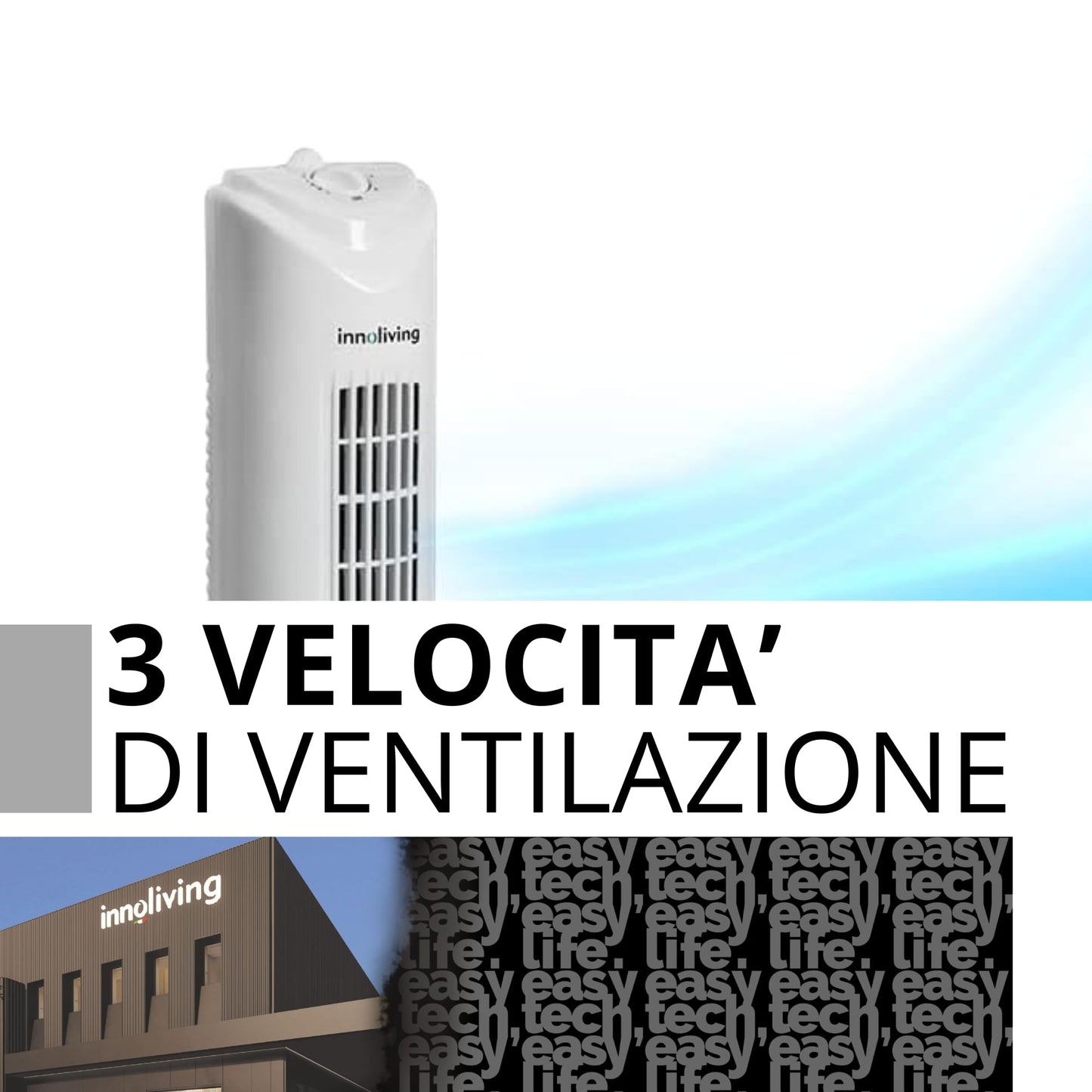 Innoliving Ventilatore a Torretta 3 Velocità INN-504 con Timer 120 Minuti, Ventilatore a Colonna con Oscillazione Automatica 90°, Potenza 45W, Altezza 78cm, Ventilatore a Torre Efficiente e Silenzioso
