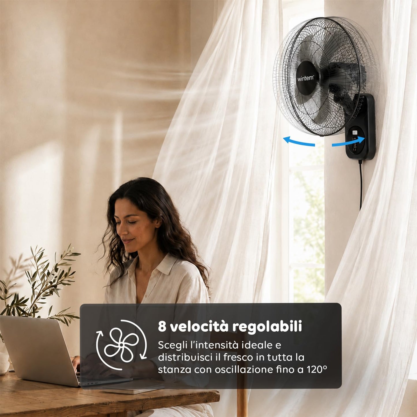 Wintem Ventilatore da Parete 40cm, Ventilatore con Telecomando e Timer 9h, 8 Velocità, Oscillazione 120°, Inclinazione 30°, Griglia Metallica, Silenzioso, Nero