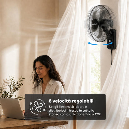 Wintem Ventilatore da Parete 40cm, Ventilatore con Telecomando e Timer 9h, 8 Velocità, Oscillazione 120°, Inclinazione 30°, Griglia Metallica, Silenzioso, Nero