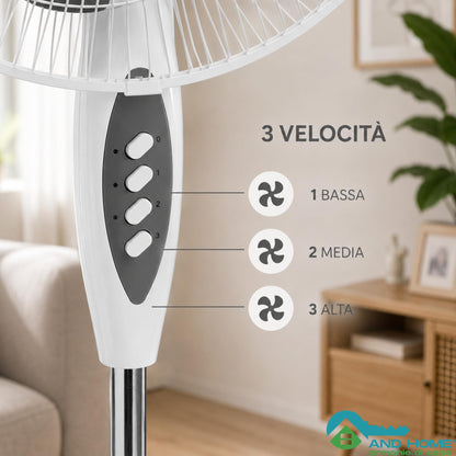Ventilatore a Piantana Ø 40 cm BIANCO - FACILE MONTAGGIO - 50 W - 3 Velocità - STABILE e SILENZIOSO - Oscillazione Orizzontale - Altezza Regolabile 103-130 cm - Testa Inclinabile - Base a Croce