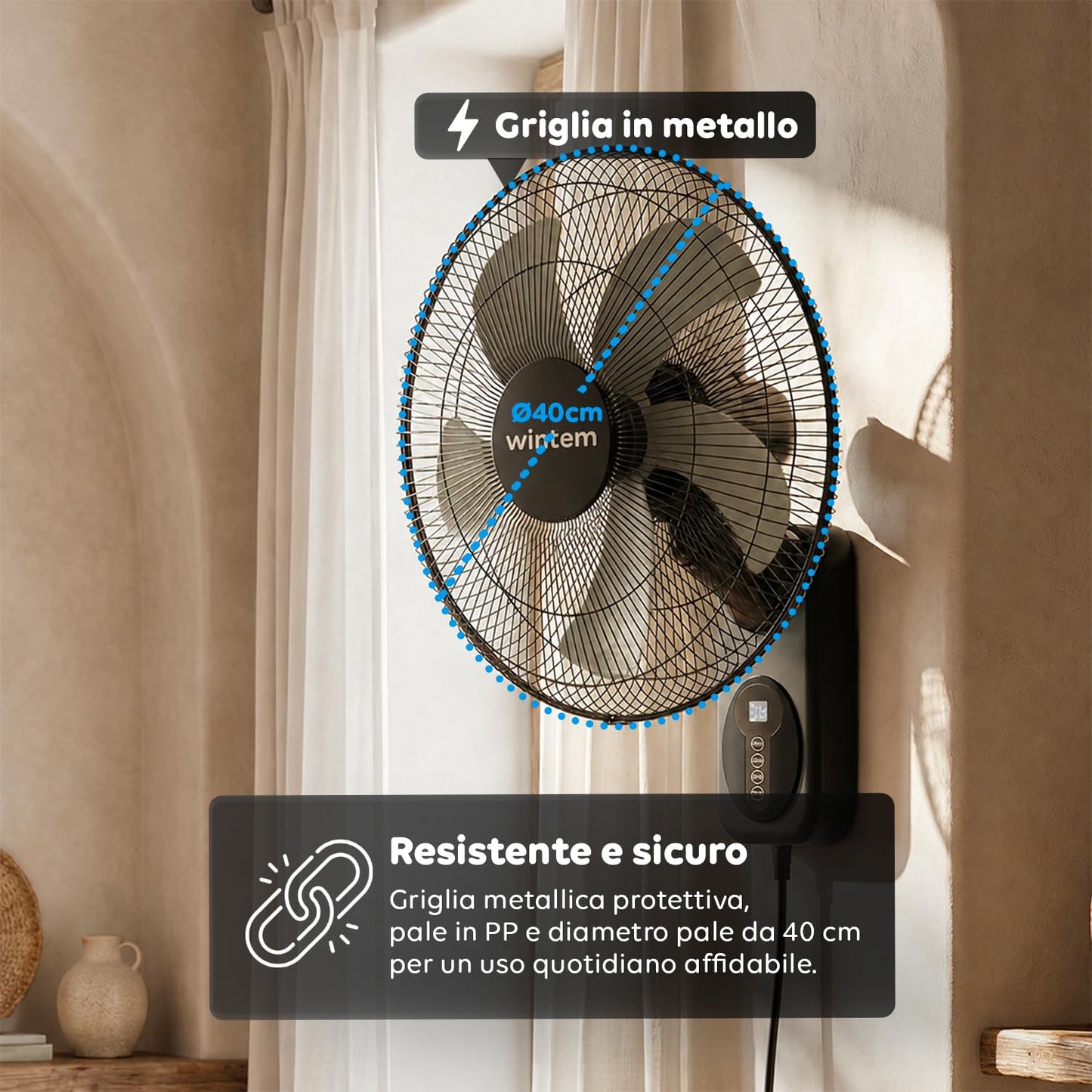Wintem Ventilatore da Parete 40cm, Ventilatore con Telecomando e Timer 9h, 8 Velocità, Oscillazione 120°, Inclinazione 30°, Griglia Metallica, Silenzioso, Nero