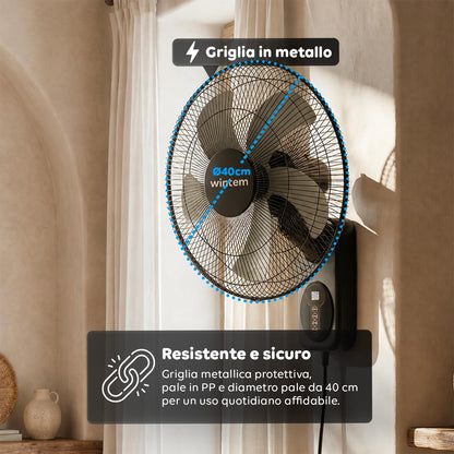 Wintem Ventilatore da Parete 40cm, Ventilatore con Telecomando e Timer 9h, 8 Velocità, Oscillazione 120°, Inclinazione 30°, Griglia Metallica, Silenzioso, Nero