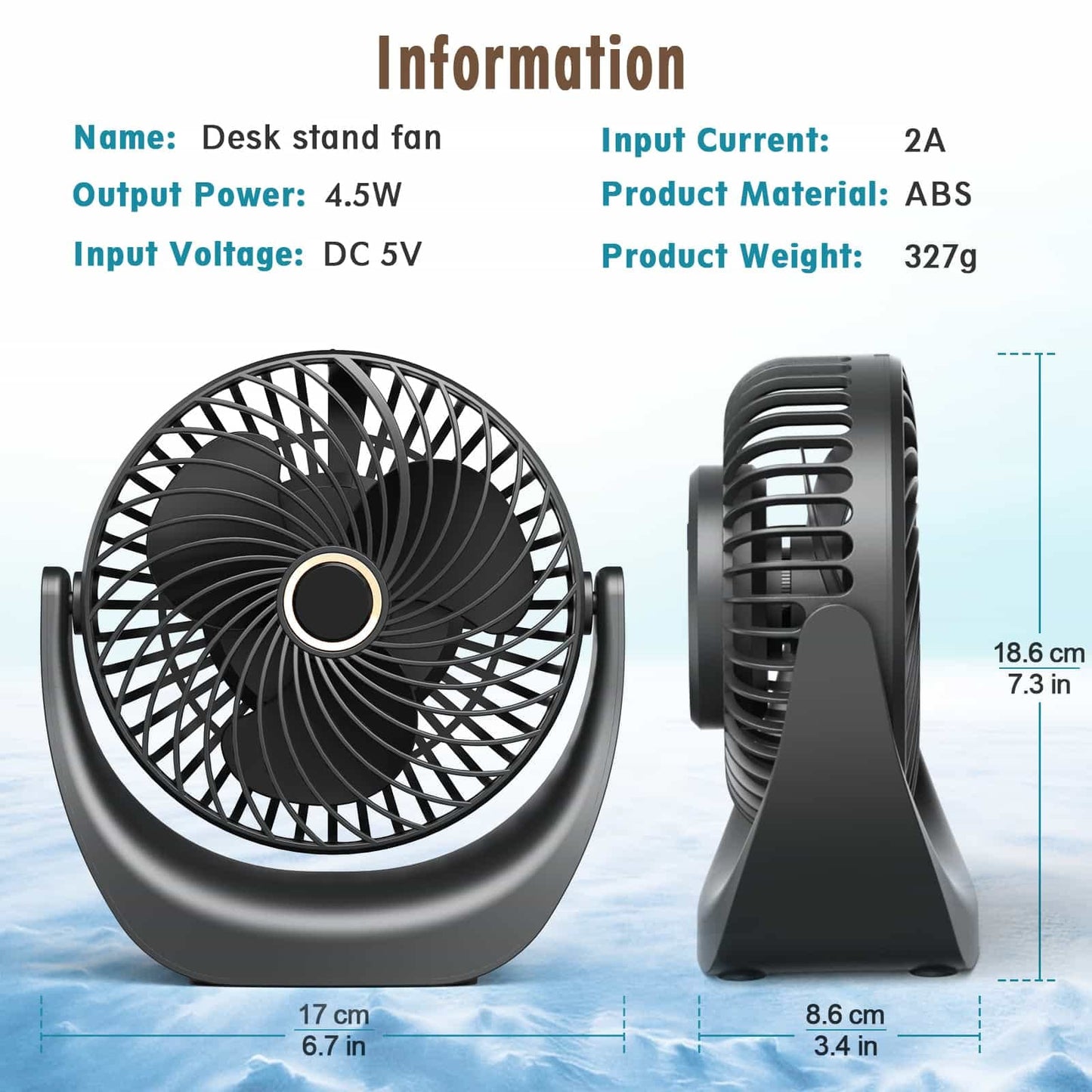 Ykgutilu Ventilatore USB,ventilatore portatile,ventola da tavolo regolabile velocità del vento 5 livelli, angolo regolabile a 360°,4000 mAh batteria ricaricabile,adatto per ufficio, casa